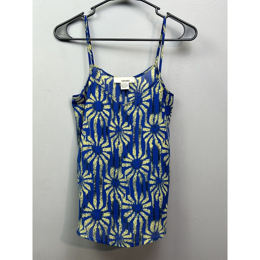 Sans Souci Tank Top Womens Small‎ Blue Yellow Geometric Print Sleeveless Blouse